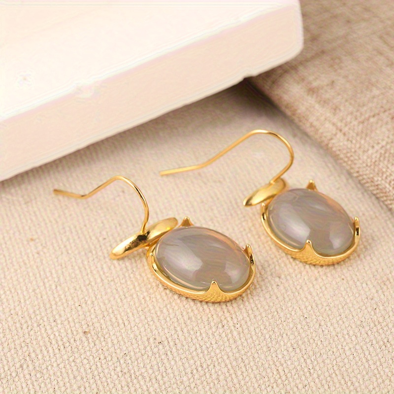 Golden Dangle Earrings with Grey Cat'S Eye Pendant